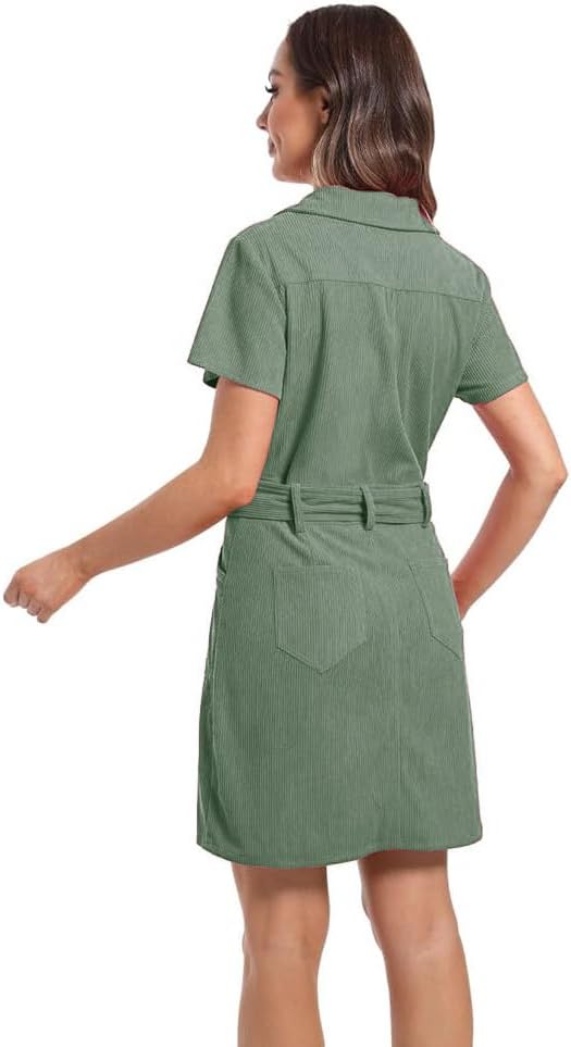 Women's Corduroy mini Dress with Short Sleeve Lapel Zip Belt Cowgirl Dress with Pockets - Image 5