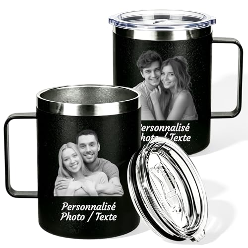 QSZ Mug Personnalisé avec Photo Texte Tumbler en Acier Inoxydable Personnalisable avec Anse Cadeau pour Hommes Femmes Conjoints et Amis (Mug photo personnalisé)