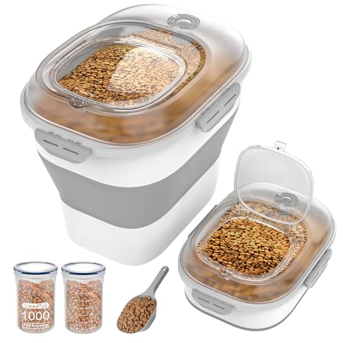 DDMOMMY 32-35 Lbs Dog Food Storage Container,Collapsible Dog Food Container with Transparent Airtight Lid,Wheels,Date Track,Pet Food Storage Container for Rice,Flour,Sugar,Scoop And 2PCS Containers
