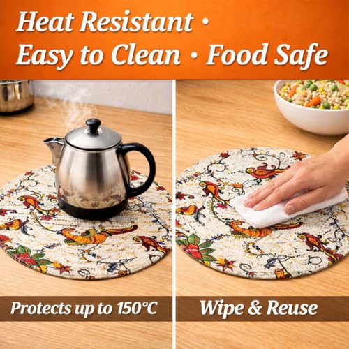 Image of Premium Round Cotton Dining Table Mats Set of 2 | Washable Heat Resistant Food Mat | Circular Dining Table Hot Plate Mats & Coaster for Hot Utensil (14-inch, Boho Quilt /Beige)
