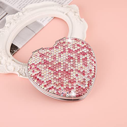 Asalways Rhinestone Compact Pocket Mirror Portable Travel Cute Cosmetic Mirror Folding Handheld Double-Sided 1X/2X Magnifying Purse Mirror(Pink) #TOP3