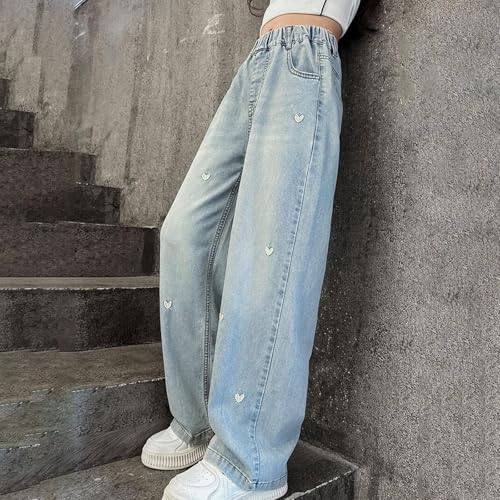 Girls Wide Leg Heart Embroidery Jeans Baggy Straight Denim Pants Vintage Streetwear Elastic Waist Casual Trousers4