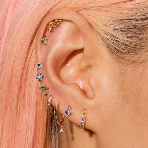 Gold Earrings Set for Women Trendy 14K Gold Plated Gold Dainty Small CZ Diamond Opal Pearl Evil Eye Stud Huggie Hoop Earrings Cartilage Earrings for Women3