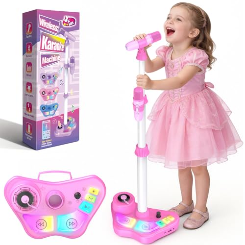 Kids Stand Karaoke Machine Toys for 3 4 5 6 7 8 Year Old Girls Gift Kid Rechargeable Microphone Toddler Birthday Gift Singing Toy for Girl Ages 3-5 4-6 Portable Bluetooth Speaker with 2 Mics