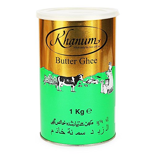 Khanum - Mantequilla pura Ghee 1000 g – Grasa de mantequilla de alta calidad para freír, cocinar y hornear, perfecta para freír, alto punto de humo, sin aditivos, con adhesivo Kajal