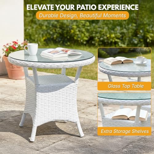 Image of DEVOKO 3 Piece White Rattan Outdoor Patio Bistro Set with Cream Cushion & Glass Top Table Ideal for Balcony, Garden, Deck, Lawn, Poolside