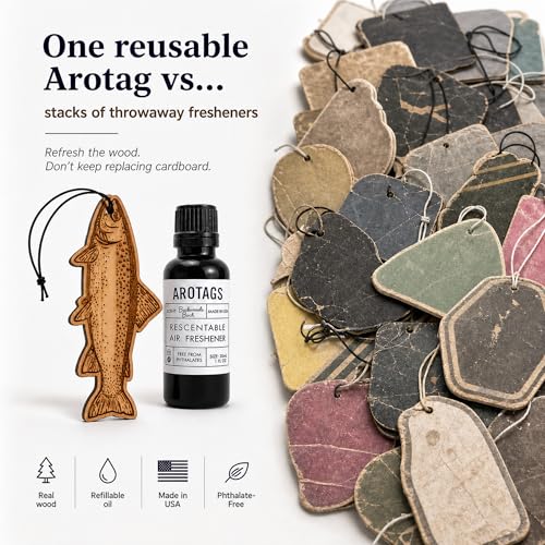 Image of Arotags Trout Car Air Freshener Kit, Reusable Wood Hanging Diffuser with 30 mL Backwoods Birch Fragrance Oil, Fishing Car & Truck Accessory