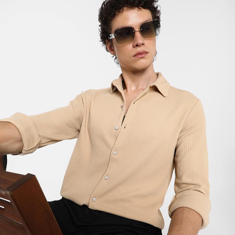 Image of CAHOOT Men's Polycotton Abstract-Textu Shirt |Casual-Wear | Spread Collar | Long Sleeve | Button Closure | Shirt Crafted with Comfort Fit for Everyday Wear