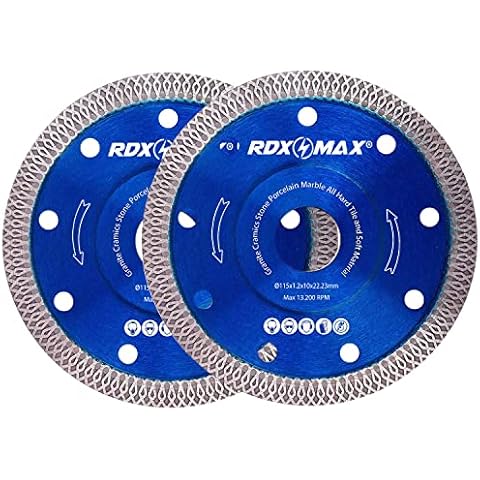 2 RDXMAX ® 115mm Diamond Cutting Discs for Angle Grinder |Super Thin Fast, Clean Cut on Porcelain, Granite, Marble, Concrete, Tiles, Stones, Bricks and Ceramics 4.5" Wheel (Super Thin 1.2mm) Cover