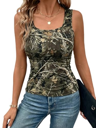 SOLY HUX Women's Camo Print Ruched Tank Top Square Neck Sleeveless