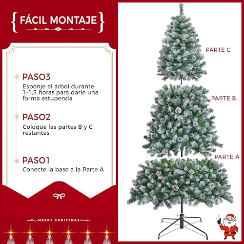 Miniatura 7 de Yaheetech 183cm Árbol De Navidad Nevado Artificial 920 Puntas Con 64 Frutas De Pinos Soporte Metálico Plegable Para Decoración Casa Oficina Fiestas Festivas