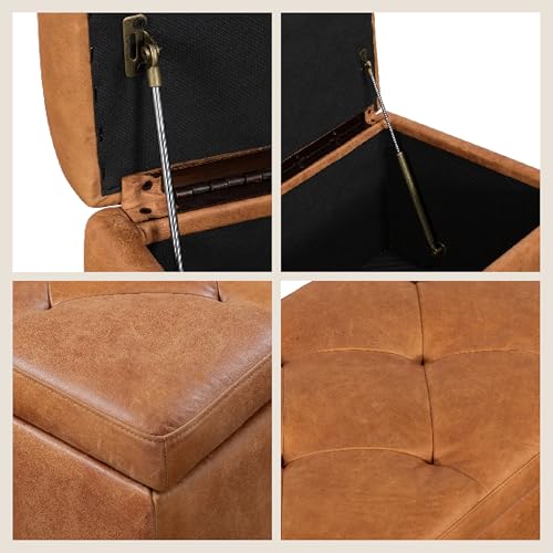 Image of POLY & BARK Senja Storage Ottoman - 52 inch Large with Feather-Down Topper - Full-Grain Leather Upholstered Ottoman Box - Bench or Bedroom Storage - Vintage Italian Leather in Cognac Tan