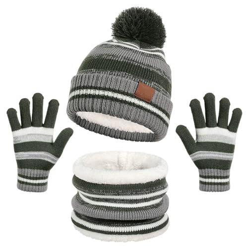 Kids Winter Hat Gloves Scarf Set, Girls Boys Beanie Hats Gloves Knit Set with Thick Warm Fleece Lined For Ages 6-10 Children
