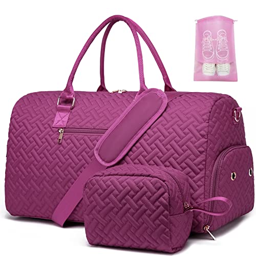 Image of Duffle Bag for Travel, Weekender Bag with Shoe Compartment, Carry On Overnight Bag for Women with Toiletry Bag, Gym Bag with Wet Pocket, Hospital Bags for Labor and Delivery Beige, Purplish Red, 23.4