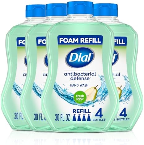 Dial Antibacterial Defense Foaming Hand Soap + Aloe, Fresh Pear Scent, 30 Fl Oz Hand Soap Refill (Pack of 4), Dermatologist-Tested, Gentle on Skin