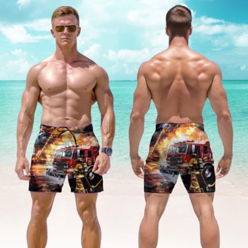 Fire Fighter Men's Swim Trunks - Fireman Mens Swim Trunks with Mesh Lining Swimwear Bathing Suits Set 672