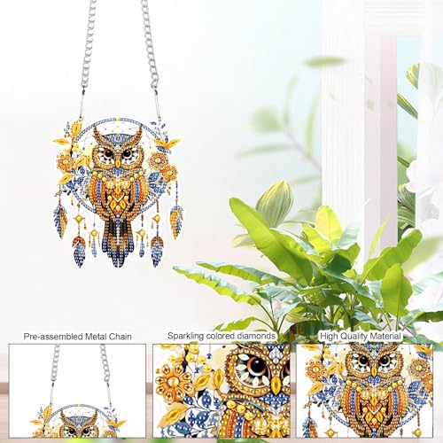 Image of AiYuanzsh DIY Diamond Art Painting Hanging Pendant Kit Dreamspreader Owl Special Shaped Diamond Art Acrylic Ornaments for Adults Home Wall Window Decor Gift
