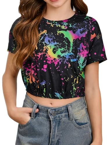 Milumia Girl's Ink Splatter Printed Crop Tops Tee Vintage Short Sleeve Crewneck Tshirt