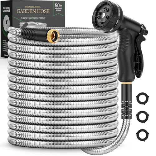 Garden Hose 50 FT, Metal Stainless Steel Water Hose with 10 Function Nozzles, No Kinks, Flexible Hose, Lightweight, Puncture Proof, Heavy Duty Hose for Yard and Outdoor