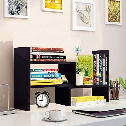 Hossejoy Wood Adjustable Desktop Storage Organizer Display Shelf Rack, Office Supplies Desk Organizer,Black