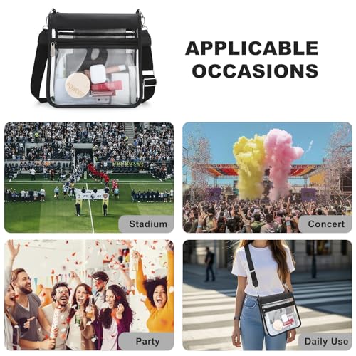 Image of Clear Crossbody Bags for Women, Stadium Approved Clear Purse for Concert Sports, Transparent Shoulder Handbags With Water-Resistant PVC Plastic Material with Wide Strap, Black