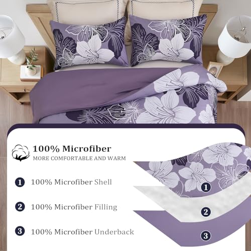 Menghomeus Queen Comforter Set Dark Purple Floral Bedding Comforter Sets - Soft Microfiber Bed Comforter Set for All Season, 3 Piece Botanical Flowers Comforter, Pillowcases - Image 4