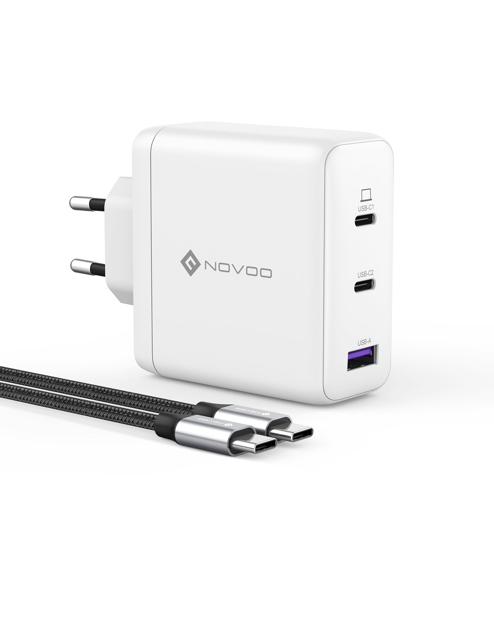 NOVOO GaN III Szybka ładowarka USB-C 120 W, kompaktowa 3-portowa uniwersalna ładowarka PPS z 1 kablem PD 100 W typu C, do MacBook Pro 14'', Dell XPS 13, iPad Pro, iPhone 15, Galaxy S23, Note20, Apple