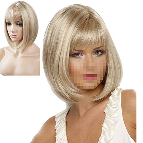 RightOn Classical Short Straight Women Girls Brown Synthetic Wig With Wig Cap (Linen Blonde)