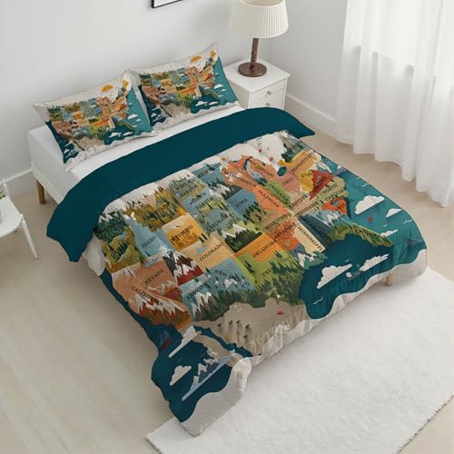 CDXNORA Edredón Vistoso Transpirable Microfibra, 4 Estaciones Mapa Montañas Estampado Estilo De Educación Infantil Colcha Acolchada, para Adolescentes niños niñas Fina Suave Edredón 200x200 cm