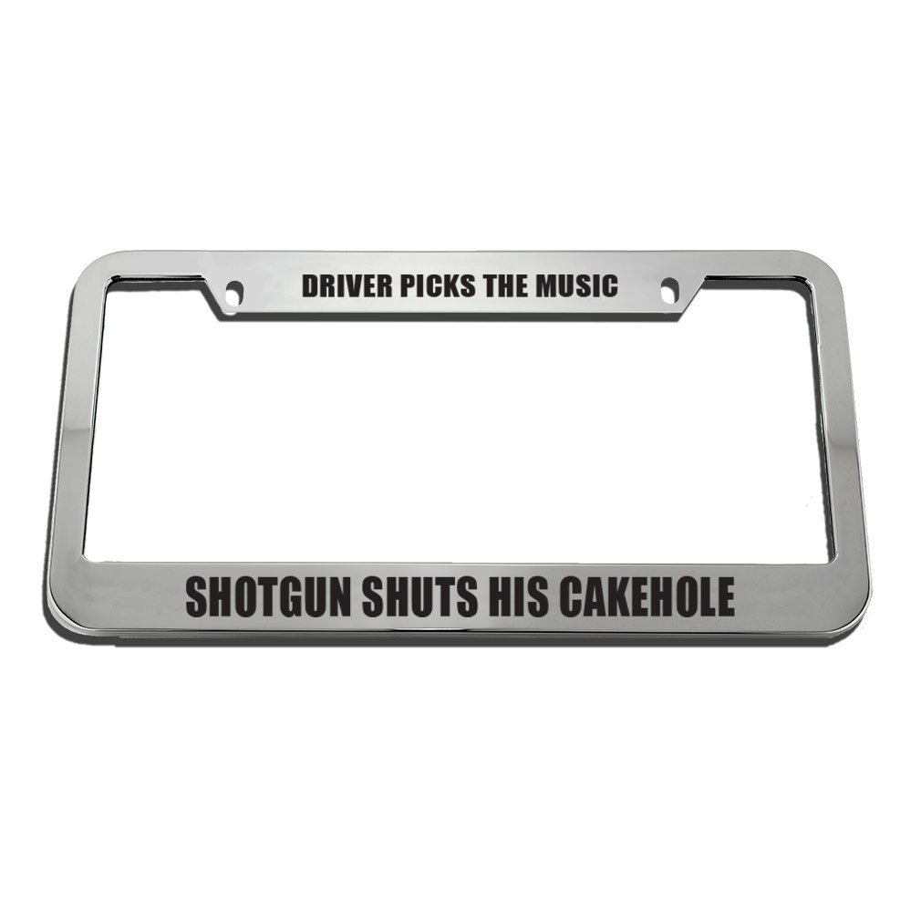 'Driver Picks Music Shotgun Shuts Their Cake Hole' License Plate Frame - Black, Stainless Steel, Supernatural Fan Gift - View #12