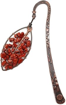 Metal Bookmark Crystal Tumbled Stones Red Jasper Leaf Bookmark Retro Design Copper Bronze Bookmark