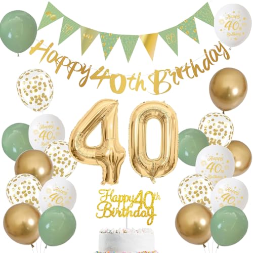 40 Jahre Geburtstag Dekoration für Männer und Frauen Salbeigrün Weiß und Gold Luftballons mit Happy Birthday-Banner Zahl 40 Ballon und Tortenaufleger für 40 Jahre Geburtstagsfeier-Deko (40)