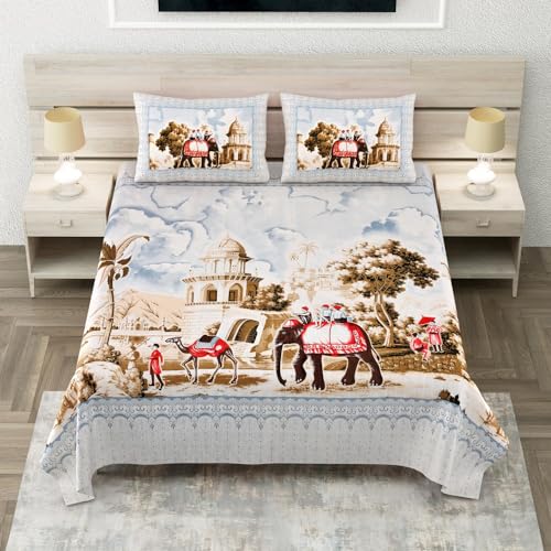 Image of 240 TC 100% Cotton Bedsheet for Double Bed King Size with 2 Pillow Covers | Breathable & Super Soft Rajasthani Sanganeri Jaipuri Printed Bed Sheet -108 * 108 Inches (Elephant 3)