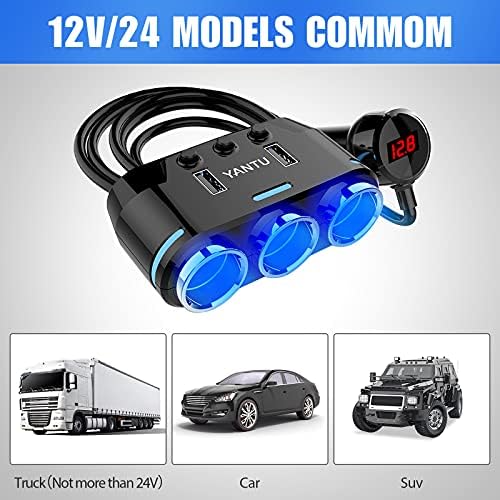 EEEKit 3 Socket Car Charger Car Cigarette Lighter Adapter 12V/24V 100W Car Socket Splitter with 3.1A Dual USB Car Fast Charger and On/Off Switch + Voltage Display for iPhone iPad GPS Dashcam