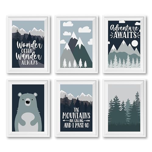 Image of Hadley Designs 6 Reversible 8x10 Adventure Awaits Wall Decor Prints Sign, Mountain Nursery Decor, Adventure Baby Shower Decorations, Adventure Awaits Baby Shower, Unframed Boy Nursery Wall Decor