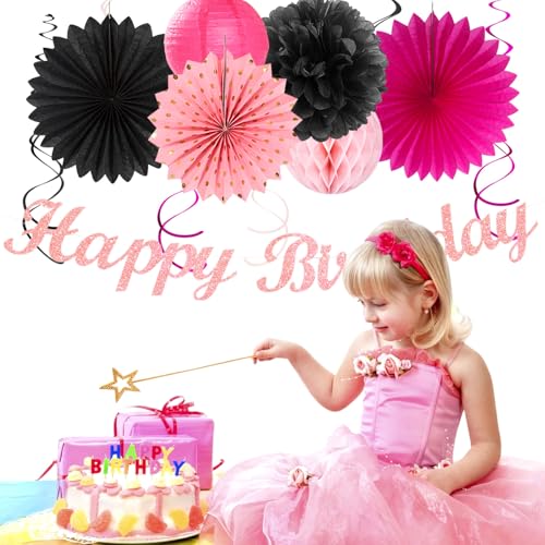 Image of Hot-Pink Black Girls-Women Birthday Party-Decorations - 21pcs Baby Happy Banner, Paper Streamers Lanterns,Tissue Pom Poms Fan,Backdrop Decor Huglony