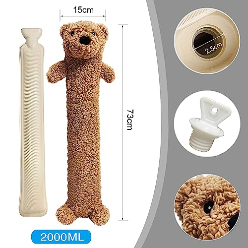 Bseical 2L Wärmflasche Lang Mit Weichem Bezug, Abnehmbare und Waschbare für Kinder, Premium wärmflaschenbezug, Wärmflasche Bär Weiches Plüsch Nettes, Geschenk (Bär)