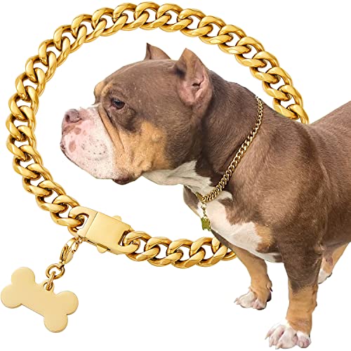 SUNEW Medium Dogs Training Collar with Dog Tag Design Secure Buckle Cuban Link Chain Collar Heavy Duty Chew Proof Strong