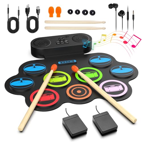 Image of Portable Electronic Drum Pad Set - 9 Pads Roll up Drum Practice Pad with Pedals & Stick, Headphone, Jack in Drum Set Kit for Kids and Adults, Great Holiday Christmas & Birthday Gift