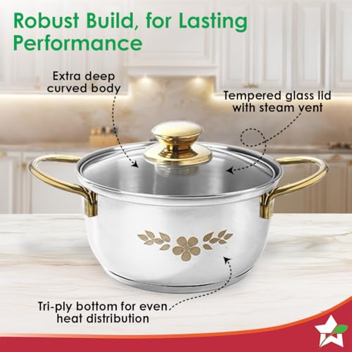 Image of Wonderchef Gold Stanton 2 Pc Casserole Set with Glass Lids, 20 cm /22 cm, Chemical-Free Food-Grade Stainless-Steel, Gold Finish, Use for Cooking & Serving, Stackable, Gift for Occasions, 1-Yr Warranty