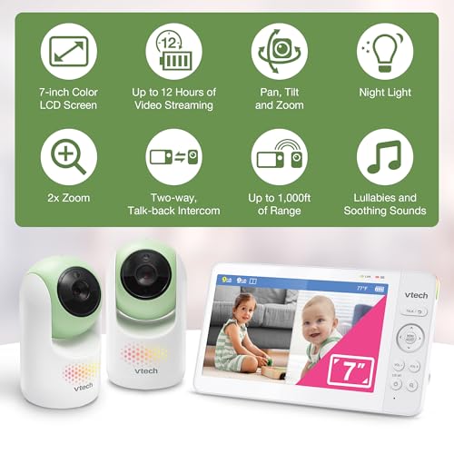 Image of VTech Baby Monitor No WiFi, 2 Cameras, 7 inch Split IPS Screen, 5000mAh 12Hr Battery, 360 Pan Tilt Zoom, Night Vision, Night Light| Advanced Max Twin Green
