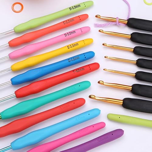 Image of VIRADHAM Crochet Hooks Set of 9 - Aluminum Crochet Needles with Soft Rubber Handles And Stitch Markers - Ergonomic Kit for Arthritic Hands - Comfortable Grip Yarn Craft Tools for All Skill Levels (9 BLACK GOLD)