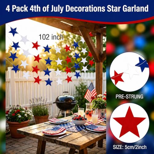 Image of 4th of July Decorations - Patriotic Star Garland | Red White Blue Streamers Banner - Fourth of July Decorations for Memorial Day ,250 Anniversary USA Merchandise Accessories Party Favors for Outdoor Indoor Home,4 Pack