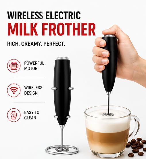 Image of Powerful High-Performance Hand Blender for Quick and Effortless Kitchen Tasks Milk Frother, Stainless Steel Drink Mixer with Frother Stand for Coffee Hot Chocolate (Black1)