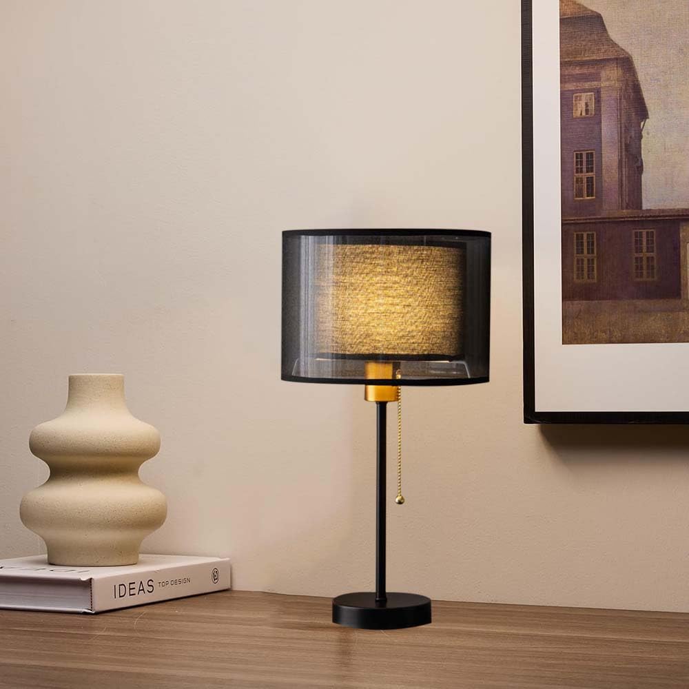 Mengjay Lampada da Tavolo Moderna, Base in Metallo Nero, Paralume in Tessuto, Altezza 49 cm, Interruttore a Catenella (Stile: Nero)