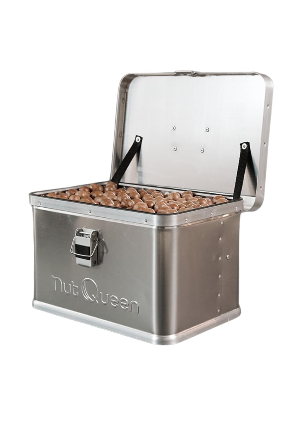 Vorratsset, 10 kg Macadamianüsse in Schale in einer luftdicht abschließenden Aluminiumbox, 1 luftdichte Aufbewahrungsdose aus Blech mit Bambusdeckel (leer)