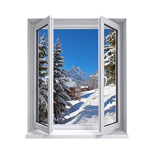 Stickers trompe l'oeil fenêtre La montagne sous la neige - L 76cm x H 90cm