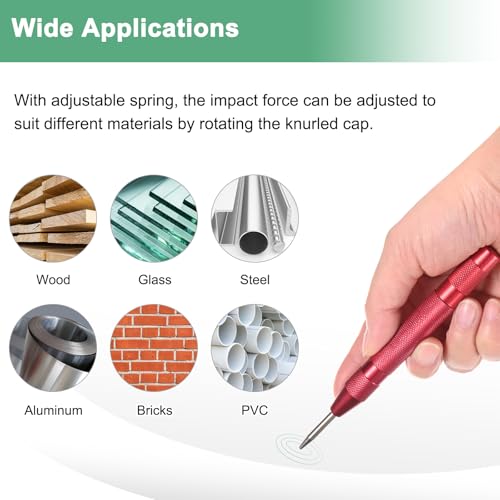 M METERXITY 2er-Pack Automatischer Körner, 133mm Hochgeschwindigkeitsstahl Federbelasteter Nagelkörner Werkzeug für Stahlplatte/Holzbrett/Glas, Einstellbares Schlagkörner Werkzeug [Rot]