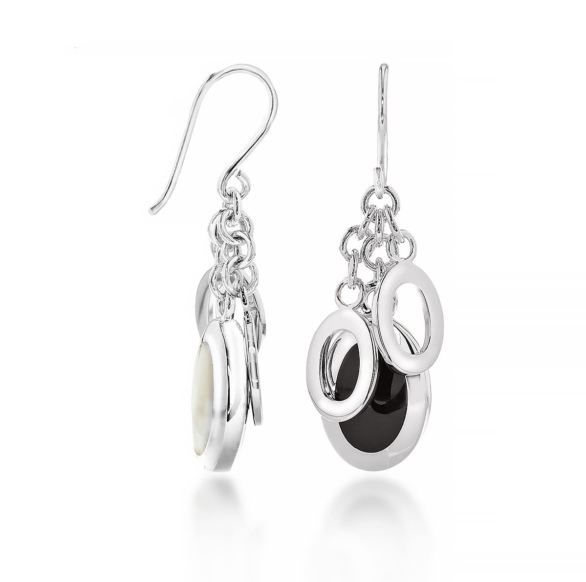 Tuscany Silver Orecchini Pendenti In Argento Sterling 925 - Madreperla Bianca E Onice Nero, Ovali
