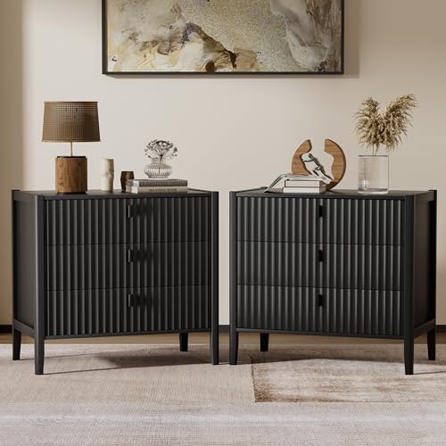 Image of Furniway Nightstand Set of 2, Modern End Table with Solid Wood Legs, Bedside Table with 3 Drawers and Metal Handles for Bedroom, Black